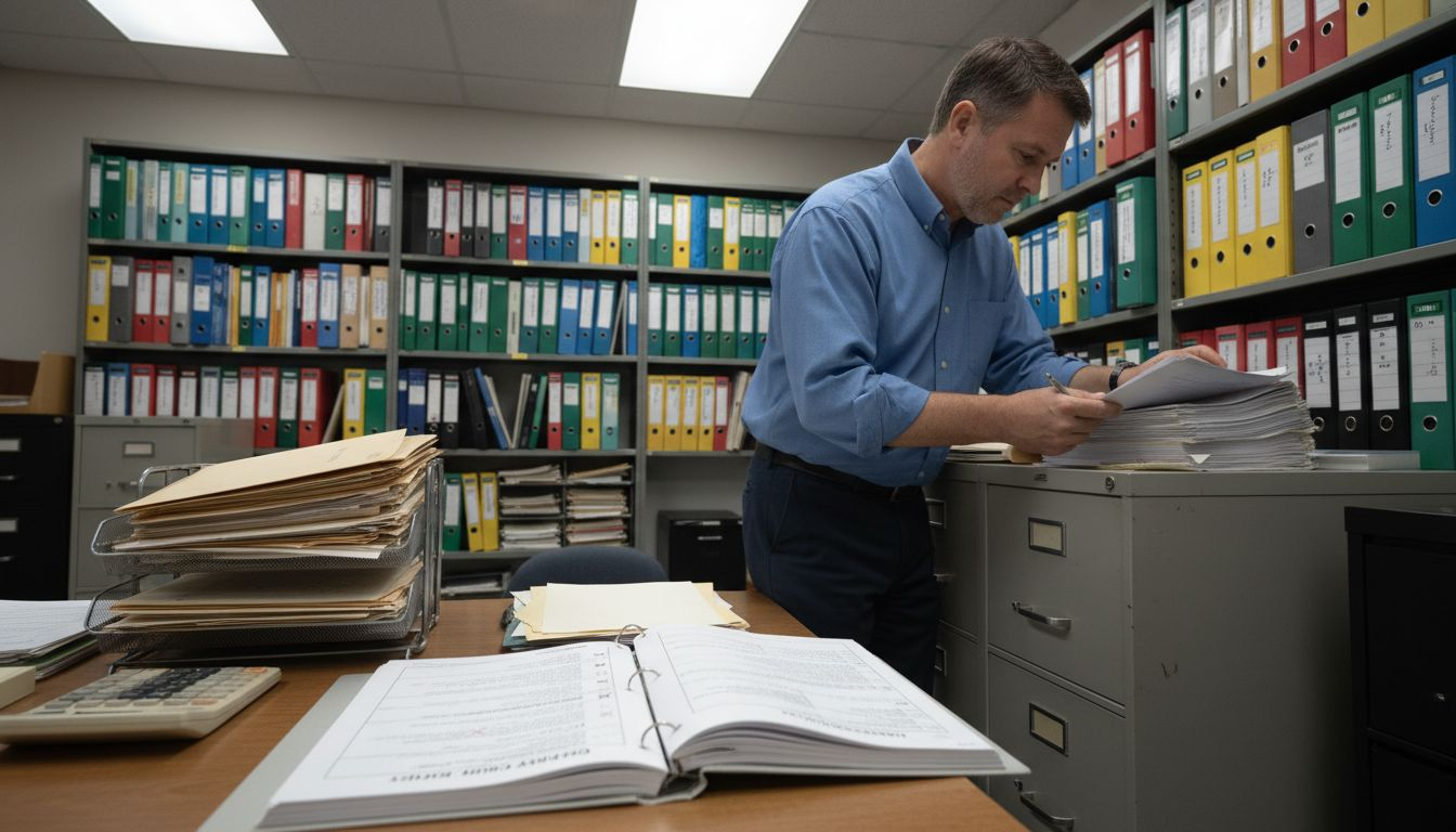 Manager reviewing audit checklist in filing room