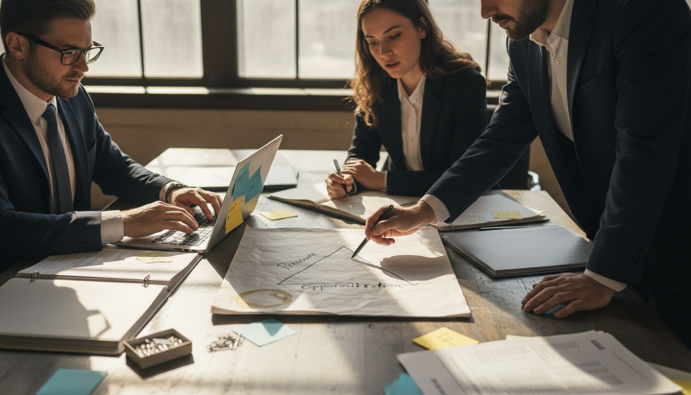 Team discusses Fraud Triangle at meeting table