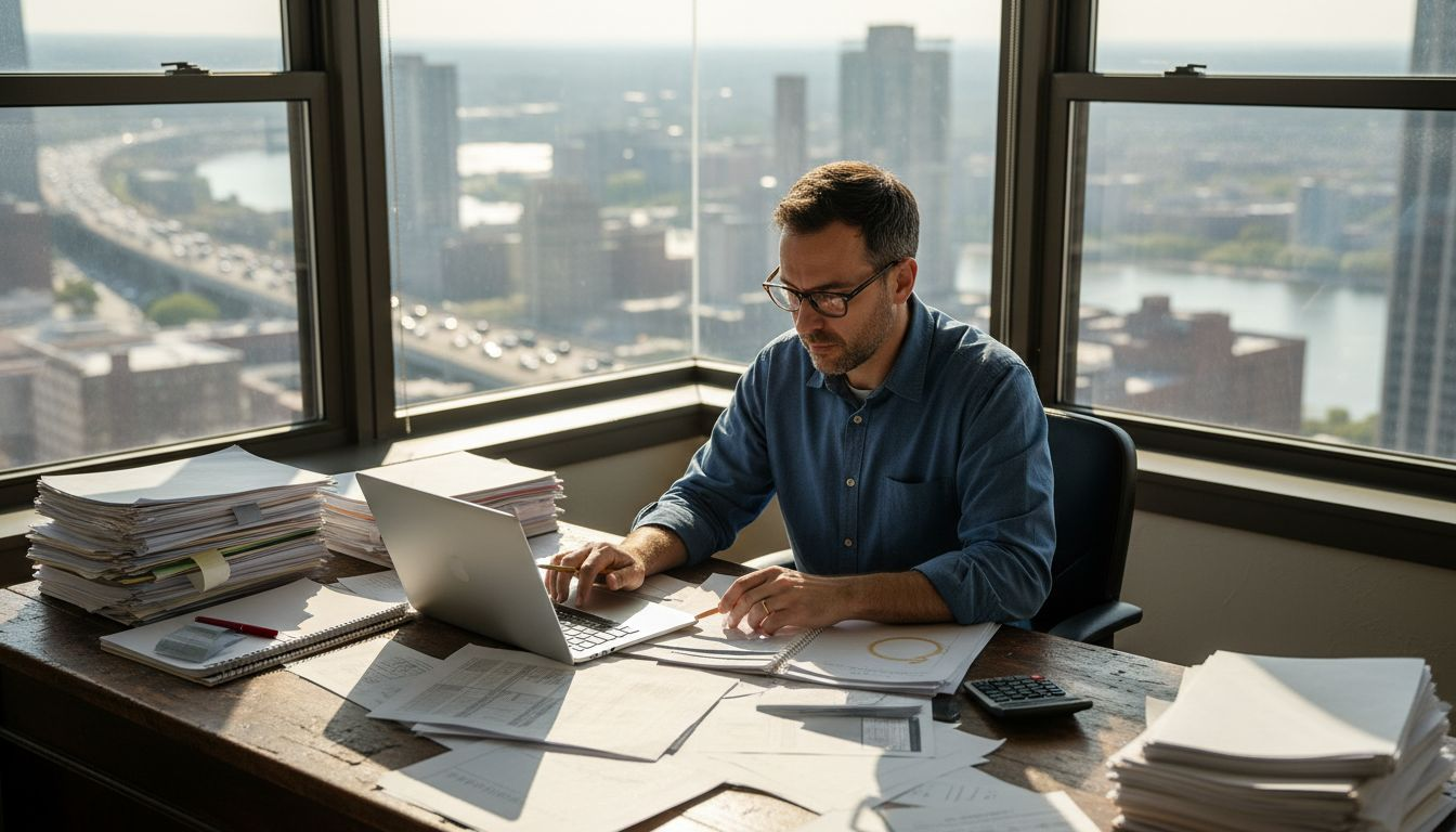 Auditor analyzing documents for sampling in office