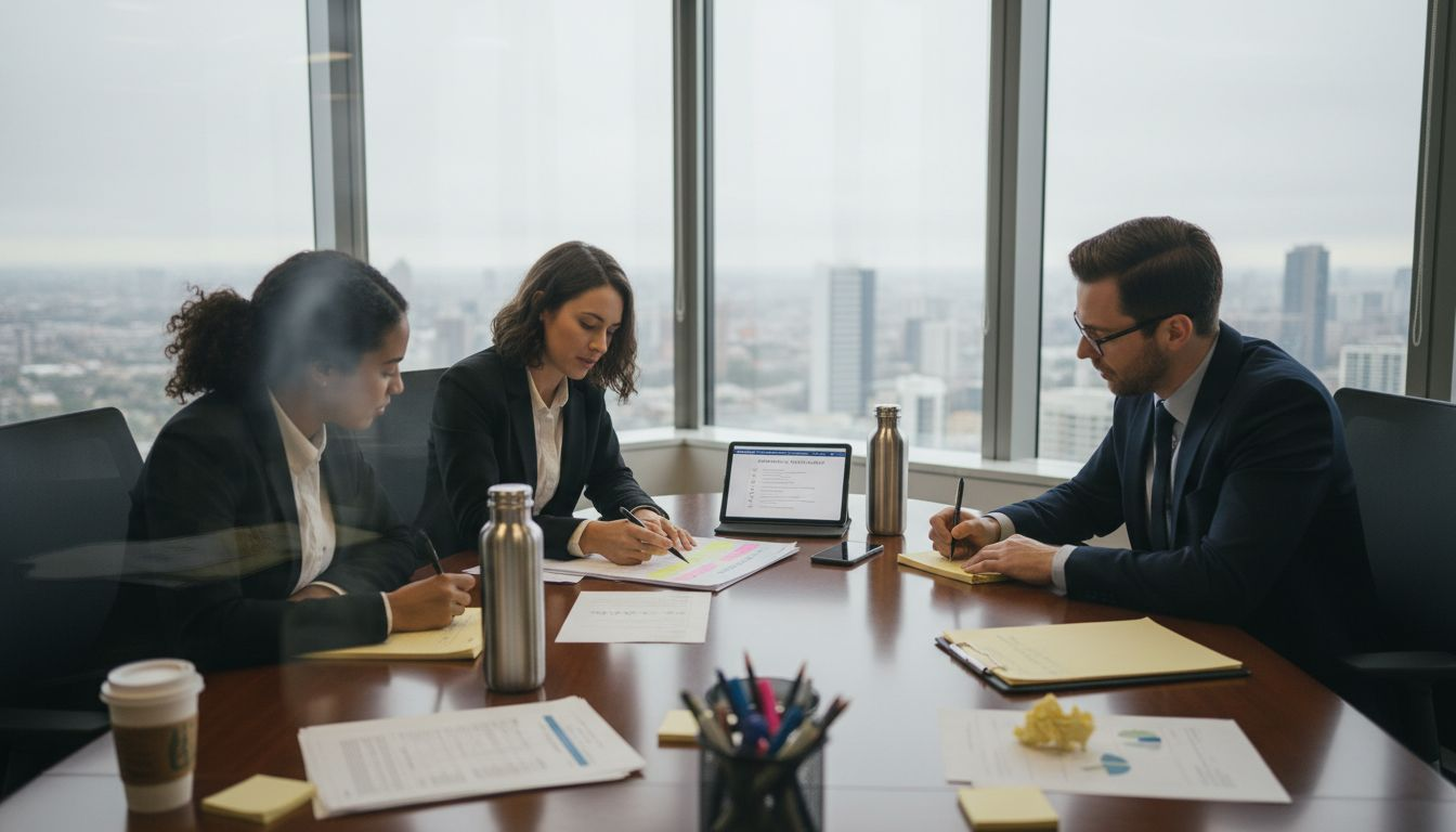 Audit team reviewing reports in corporate office
