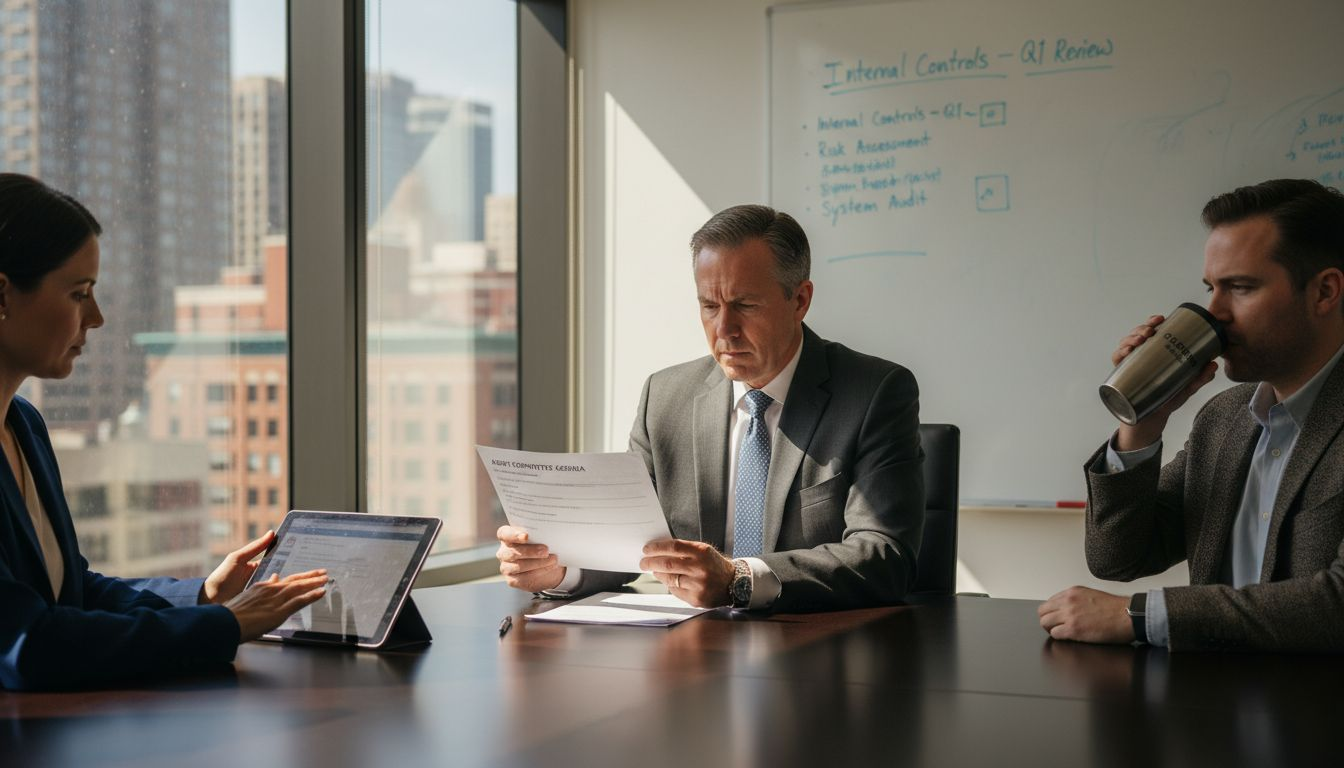 Audit committee reviewing documents in corner office