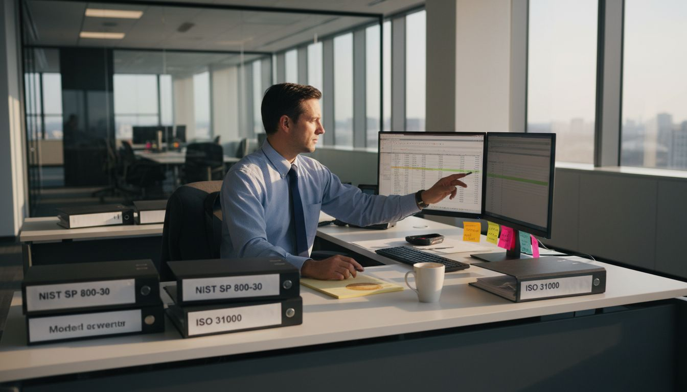 Compliance manager working at cluttered desk