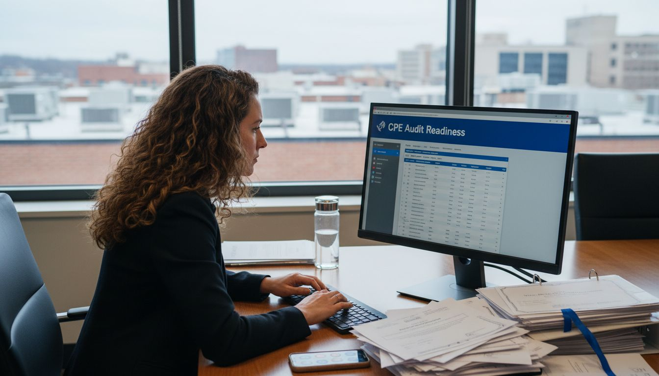 Woman using CPE software for audit preparation