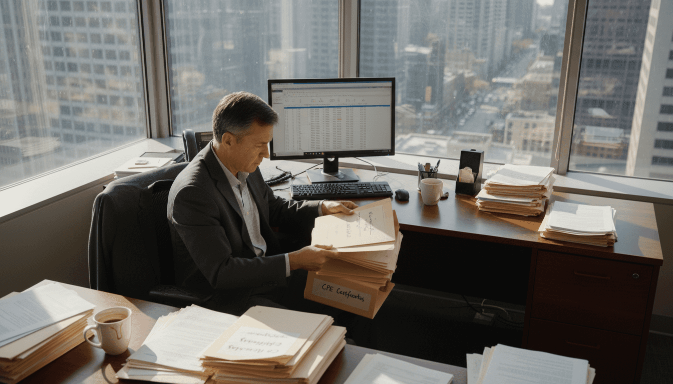 Accountant organizing CPE audit certificates at desk