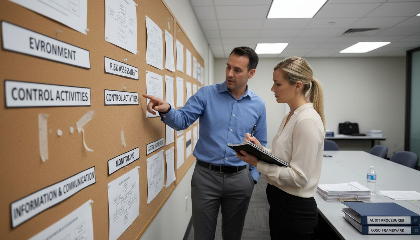 Auditors discussing COSO framework diagrams