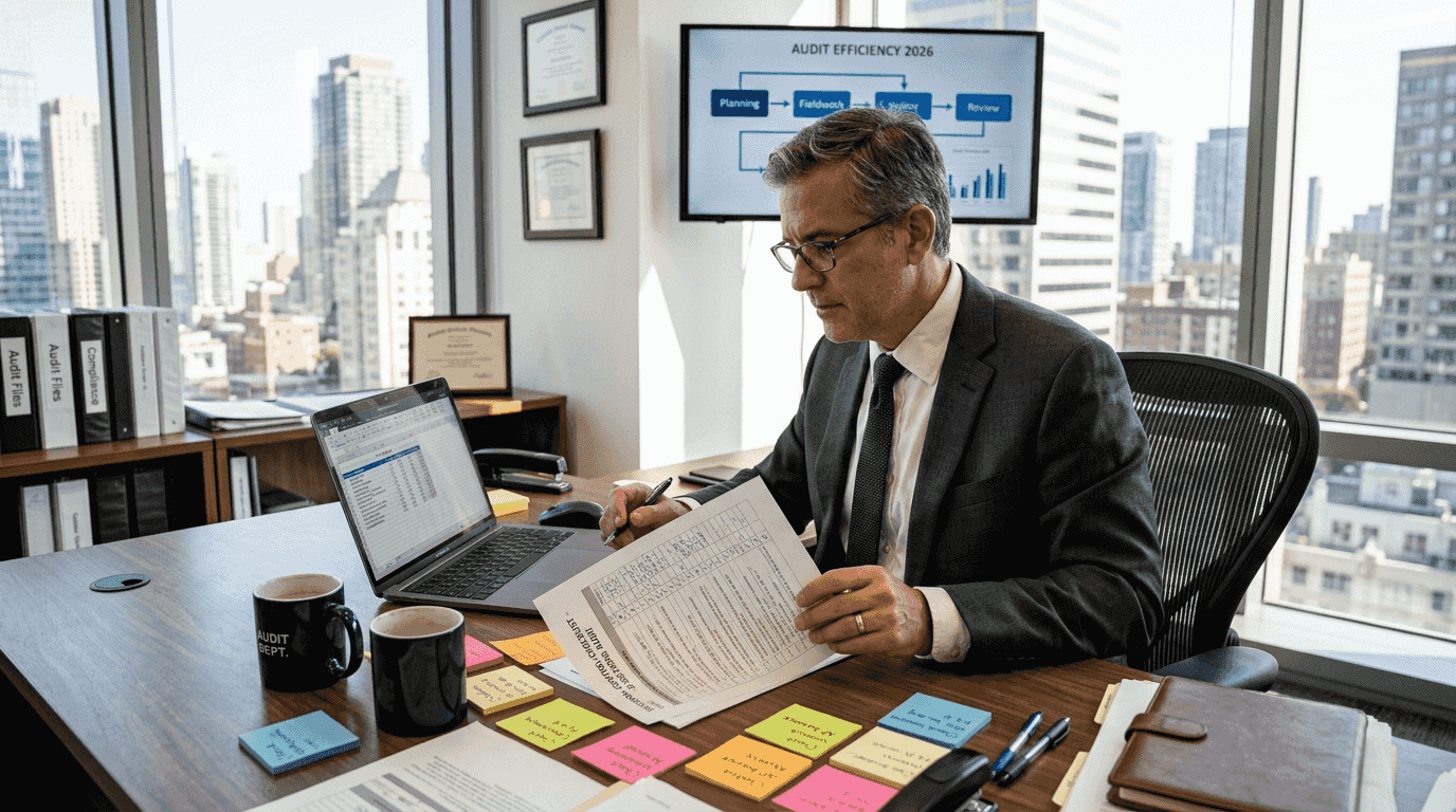 Senior auditor reviewing control checklist in office