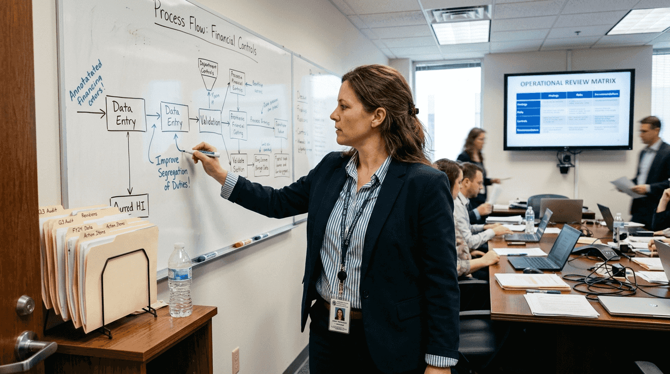 Audit manager leading operational review discussion