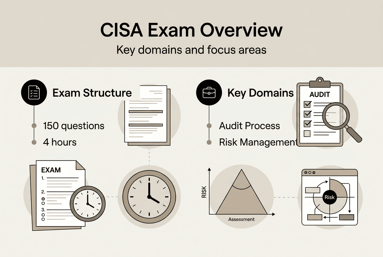 Infographic summarizes CISA exam domains and format