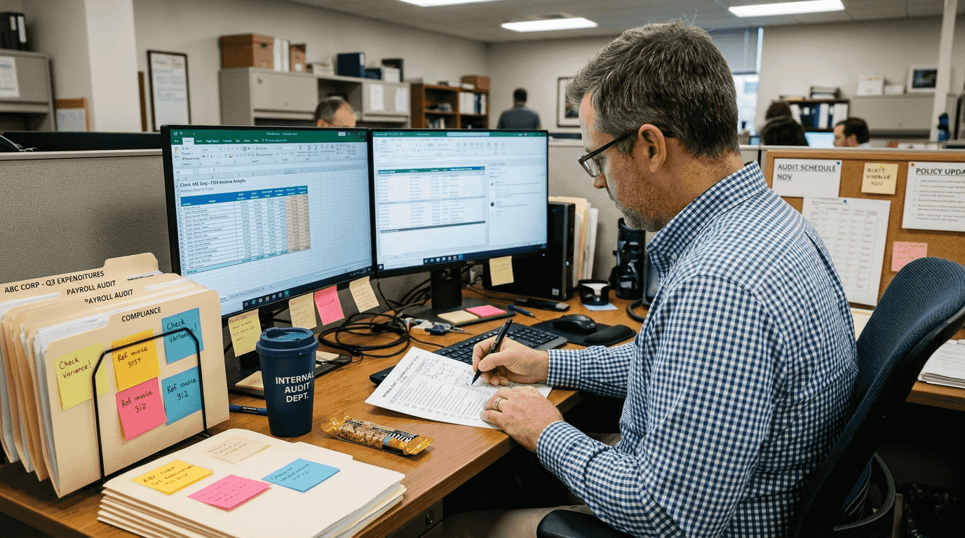 Auditor verifying transactions during fieldwork