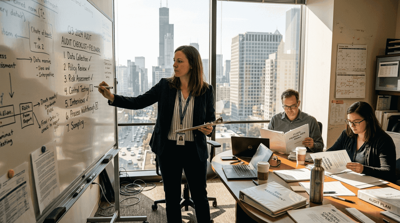 Internal auditor leads checklist review meeting