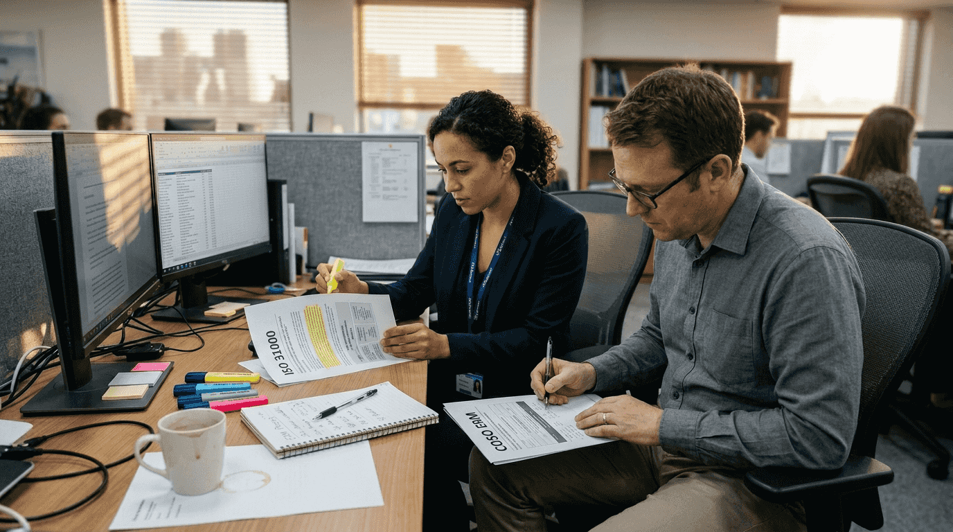 Analysts comparing risk management frameworks materials