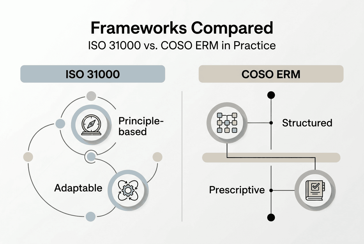 Infographic comparing ISO 31000 and COSO ERM features