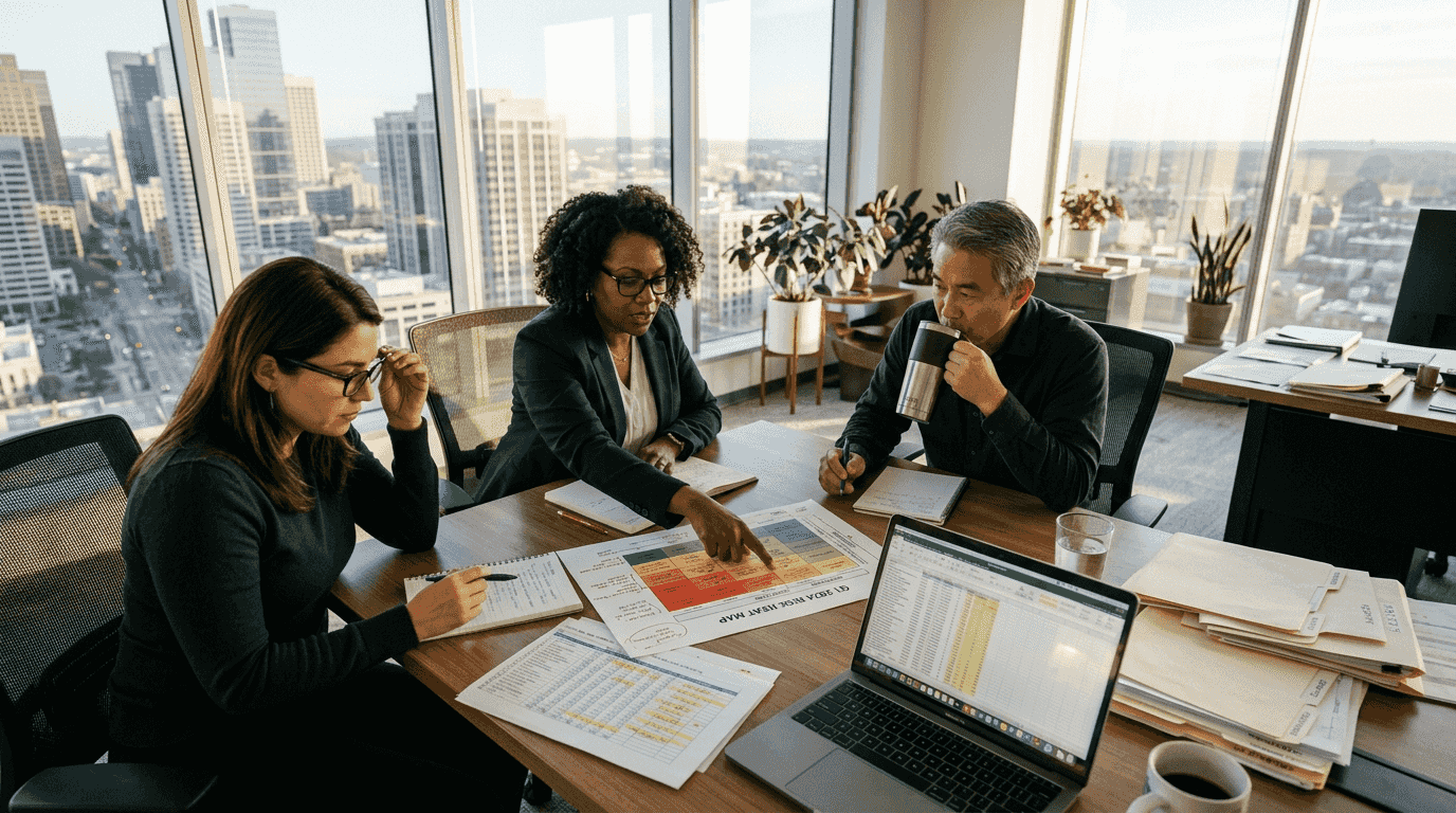 Team discussing risk assessment at conference table