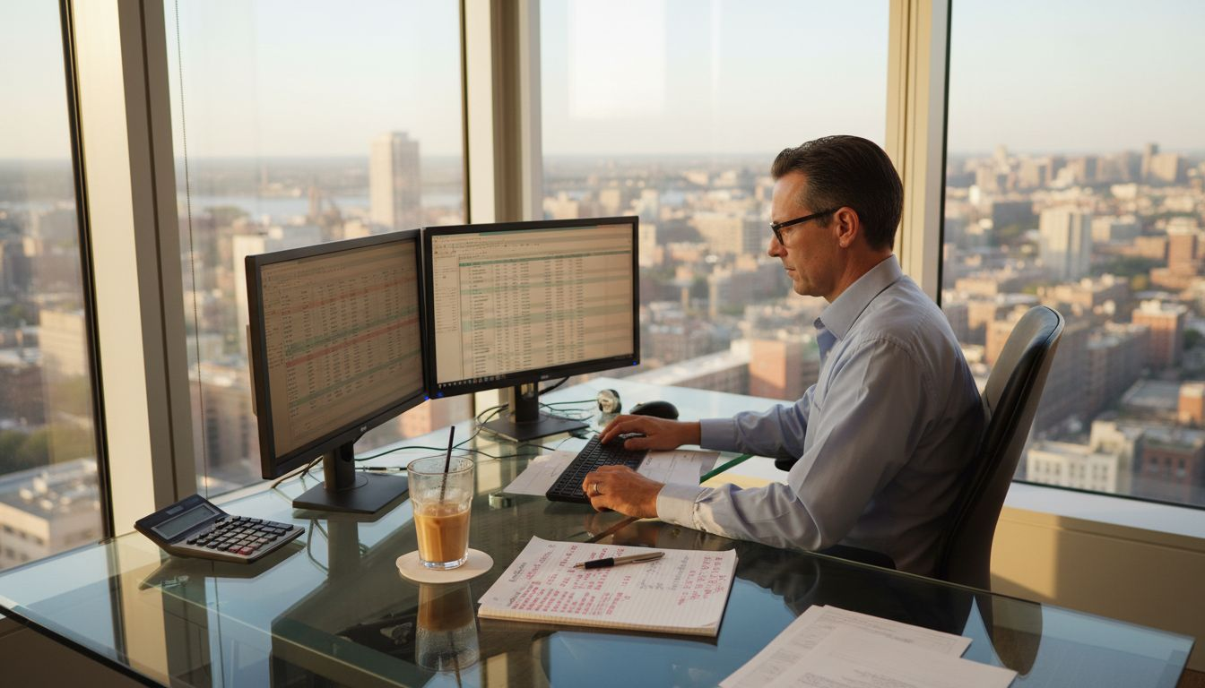 Auditor reviewing statements in corner office