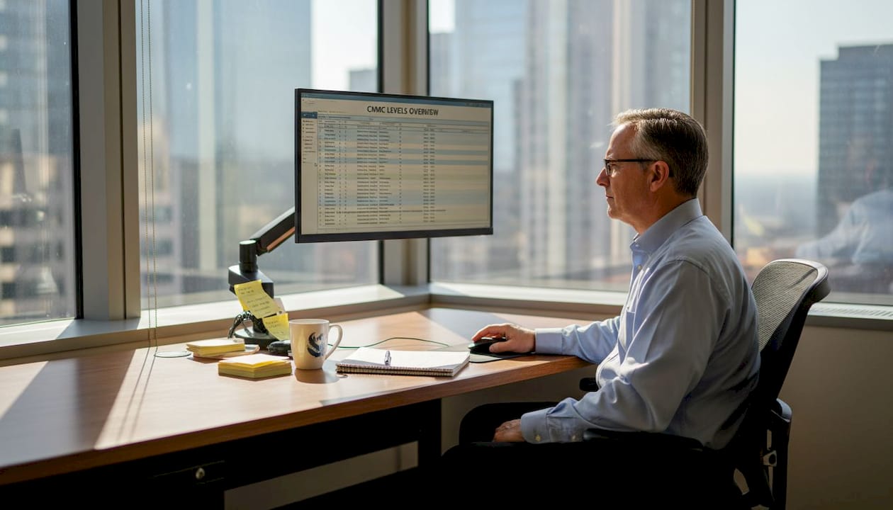 Compliance auditor in office reviewing CMMC levels