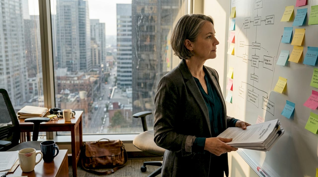 Compliance officer reviewing risk reports by window