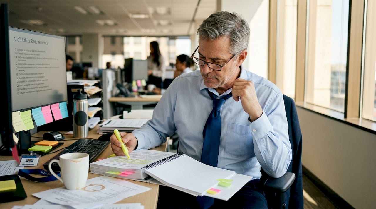 Auditor reviews ethical principles at office desk