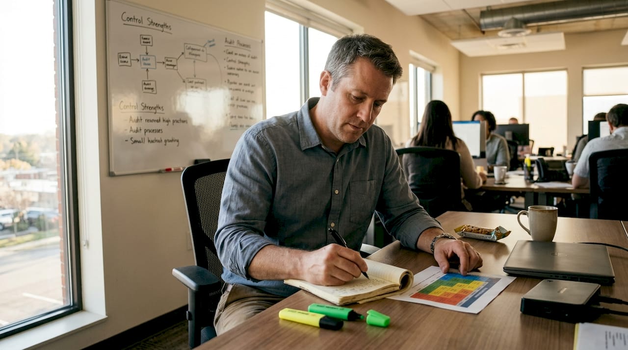 Auditor documenting fraud risk findings in office