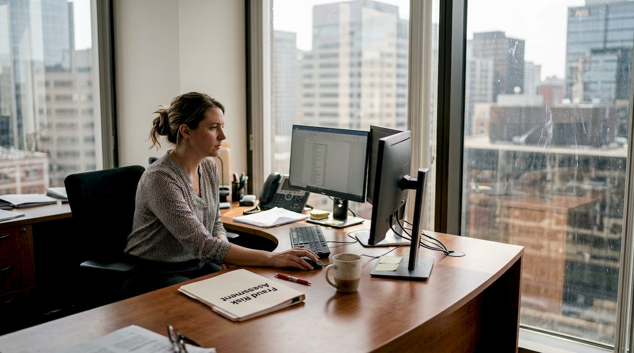 Internal auditor reviewing fraud risk data at desk