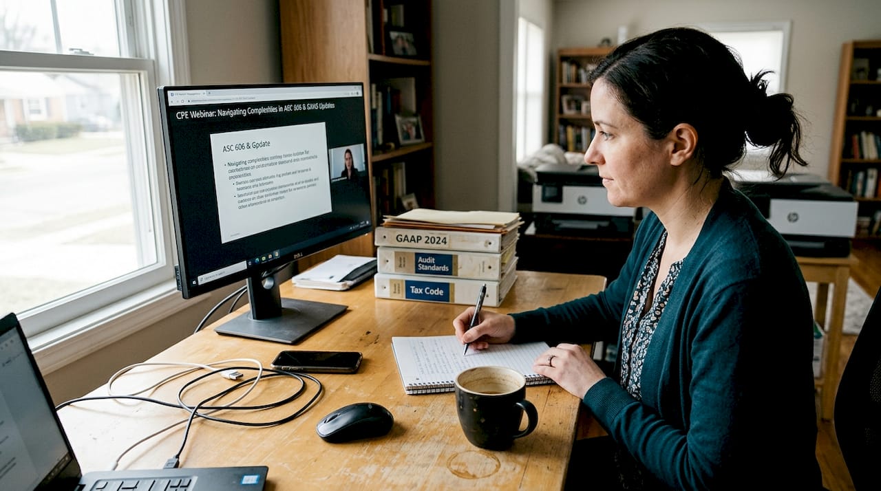 Audit professional attending webinar at home desk