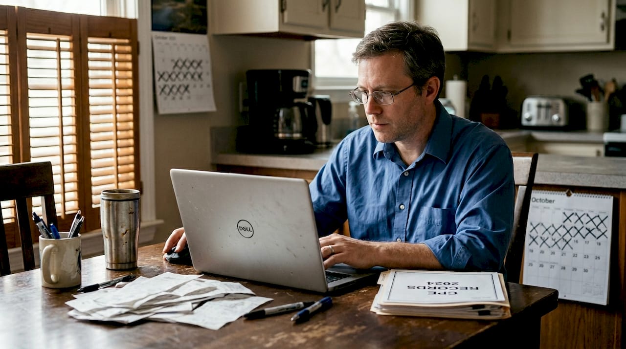 Accountant automating CPE tracking at kitchen table