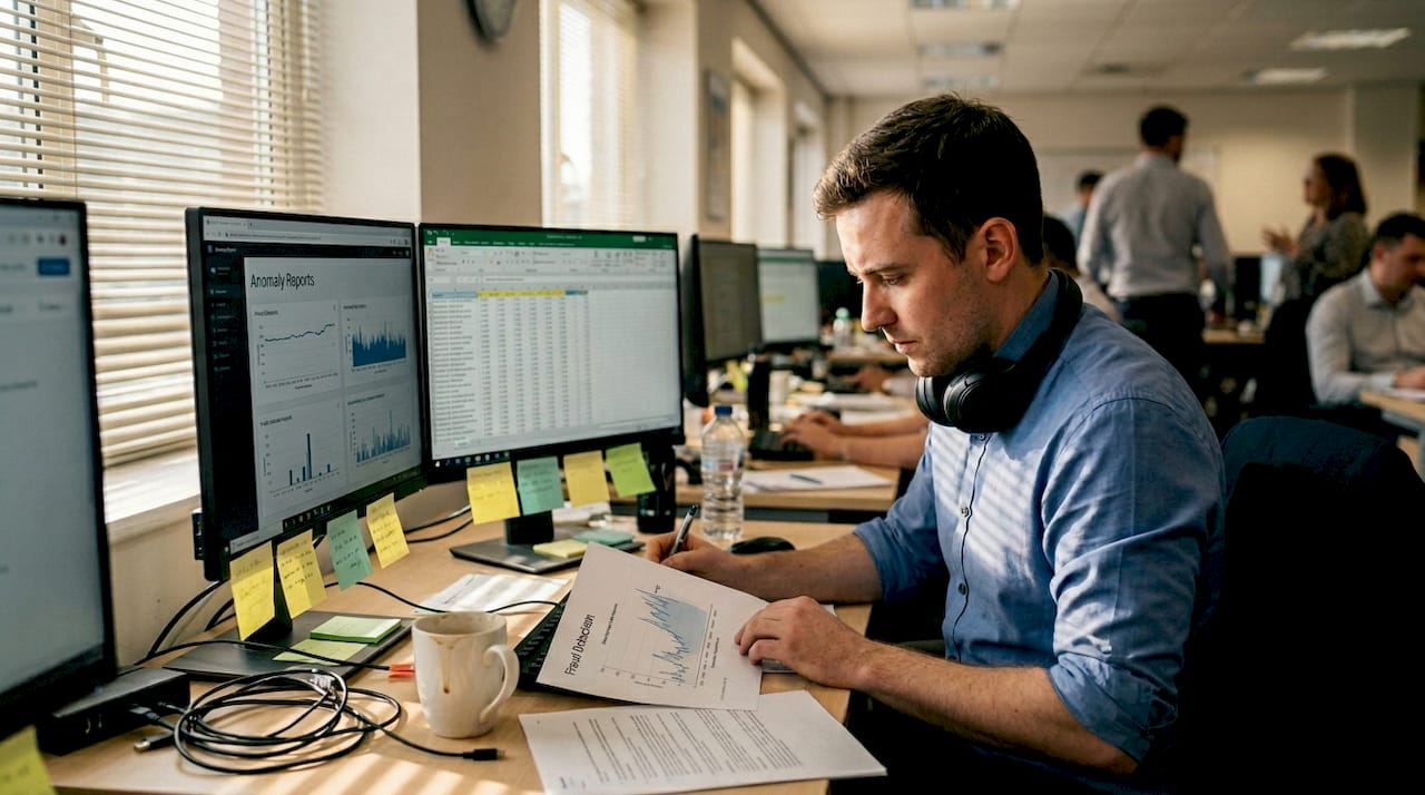 IT auditor reviewing fraud detection reports