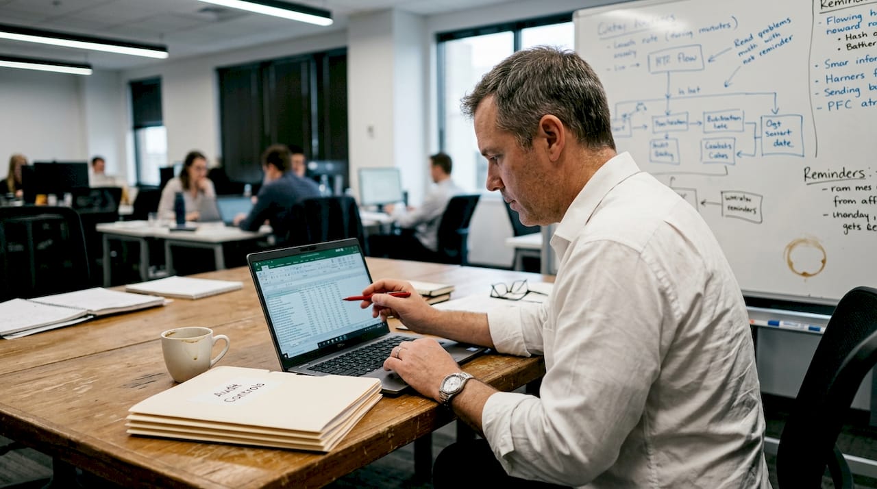 Auditor evaluating controls in workspace