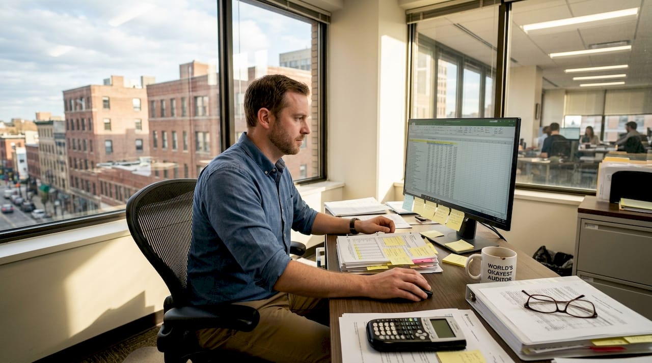Auditor reviewing documents in sunlit office