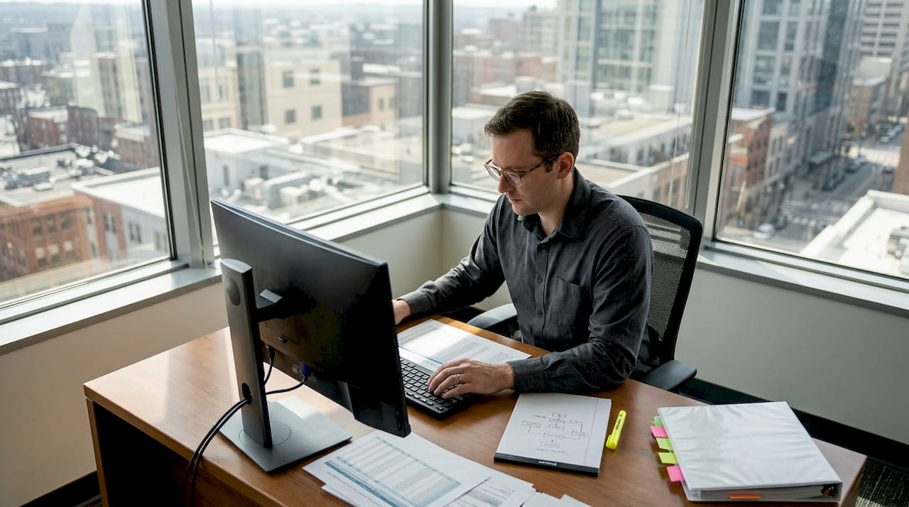 Auditor using data analytics tools at desk