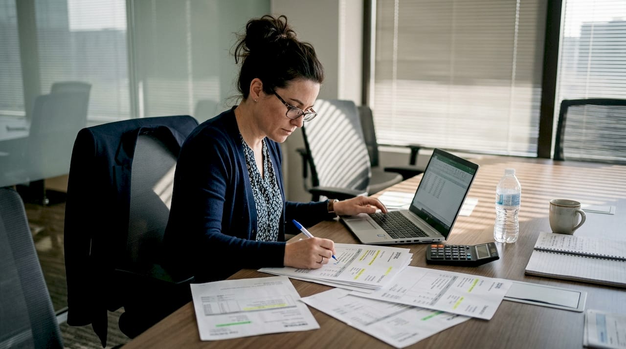 Internal auditor reviewing vendor payment invoices