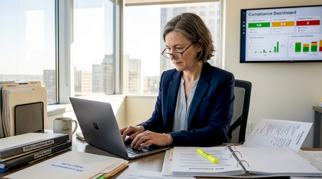 Compliance officer reviews documentation in office