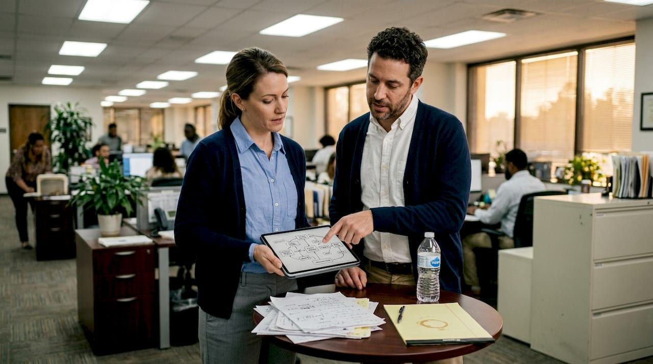 Small compliance team reviews workflow diagram