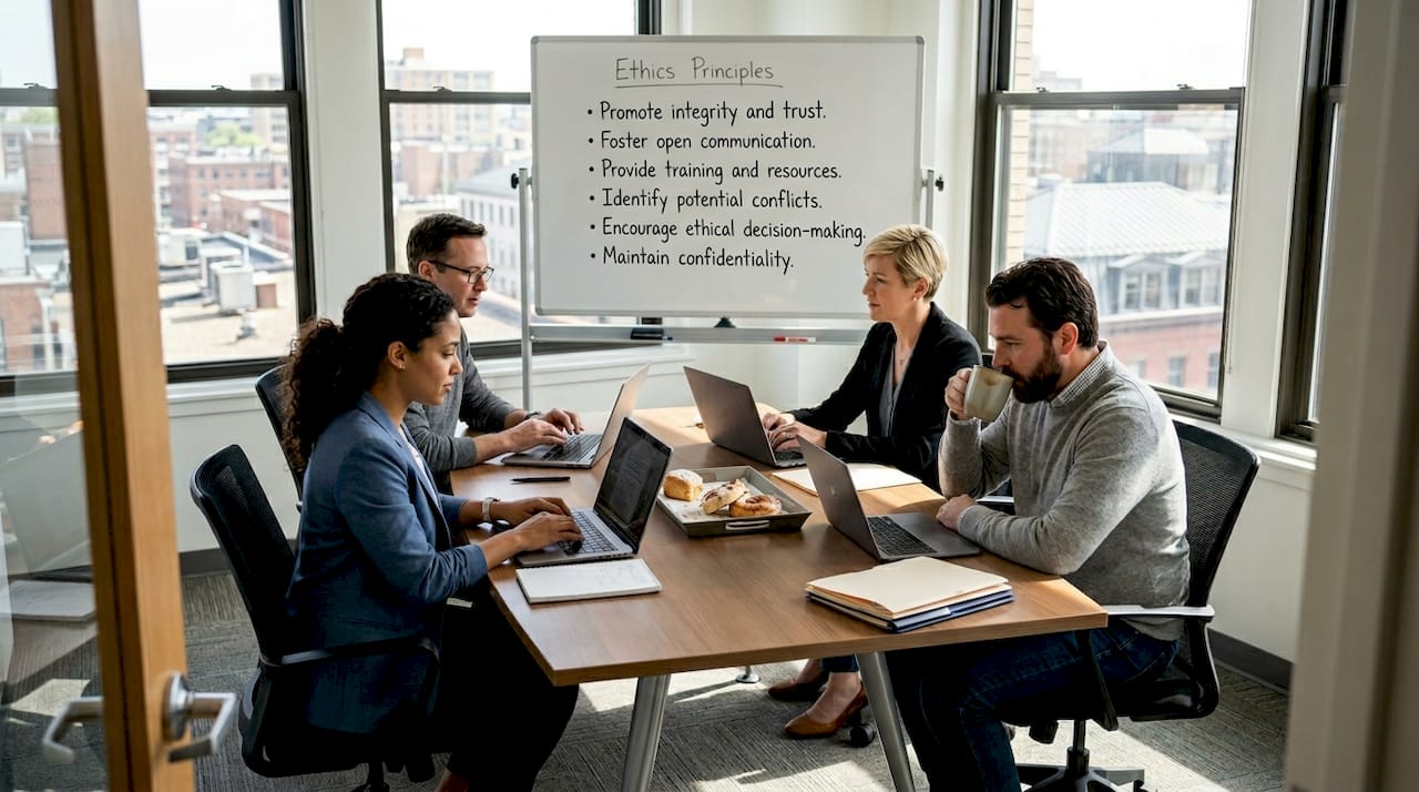 Team in conference room during ethics discussion