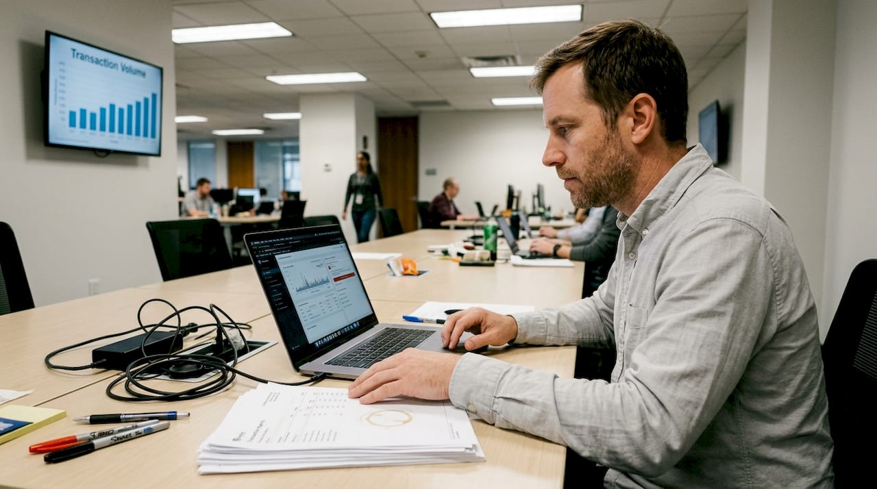 IT specialist reviewing transaction analytics