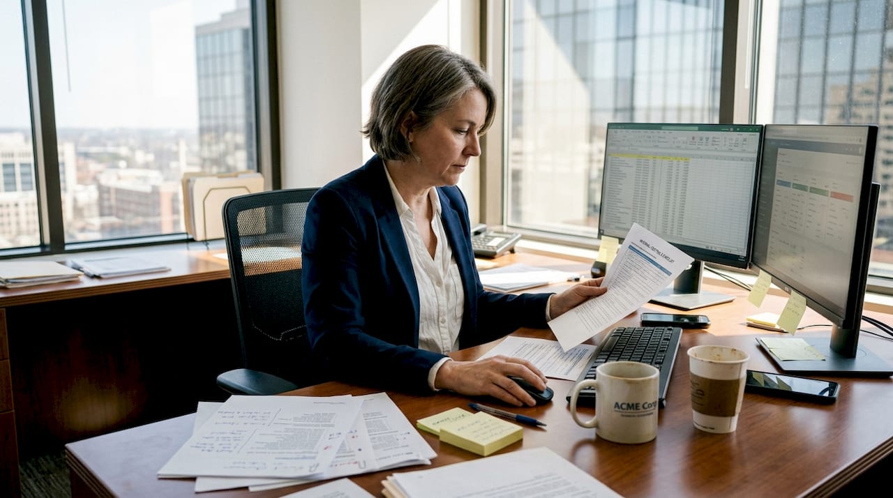 Compliance manager reviewing internal control papers