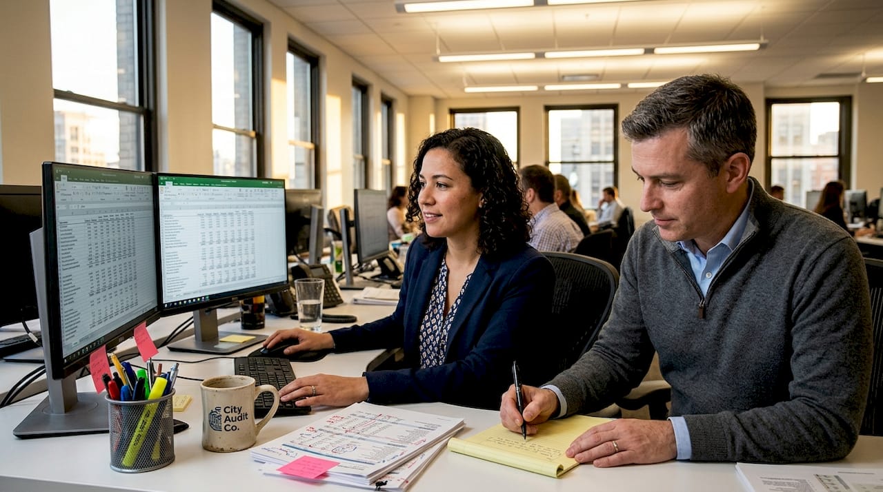Auditors using AI tools in open-plan office