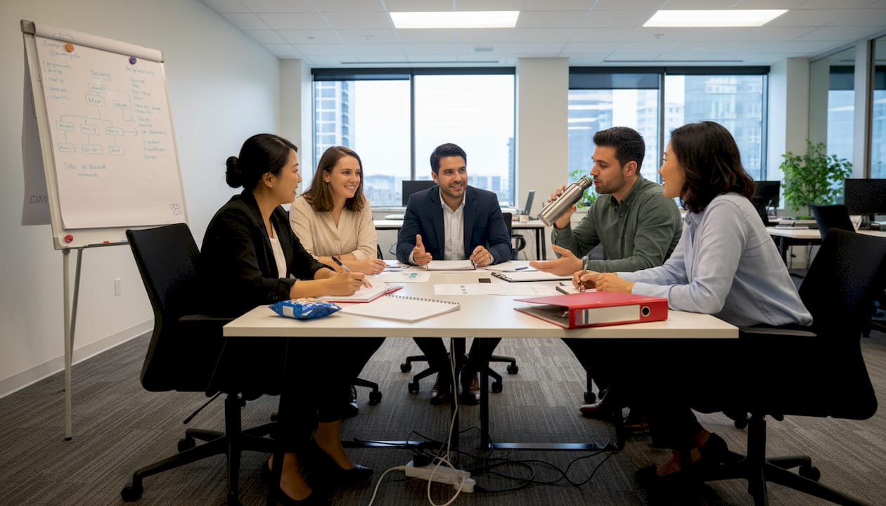 Audit team collaborating on strategy session