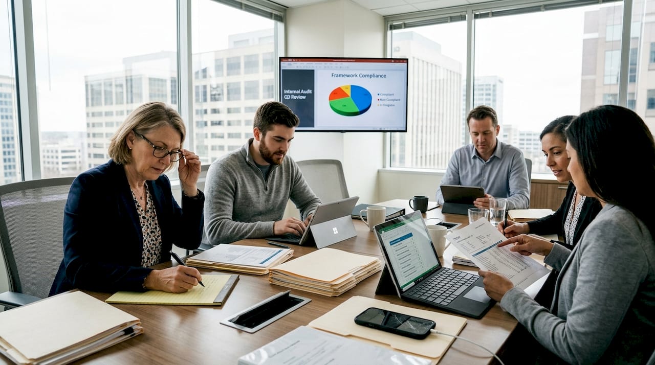 Audit team discussing frameworks in conference room