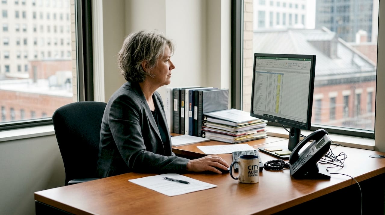 Audit manager scrolling through spreadsheet in office