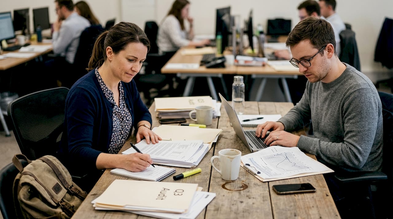 Audit team working on manual workflow documents