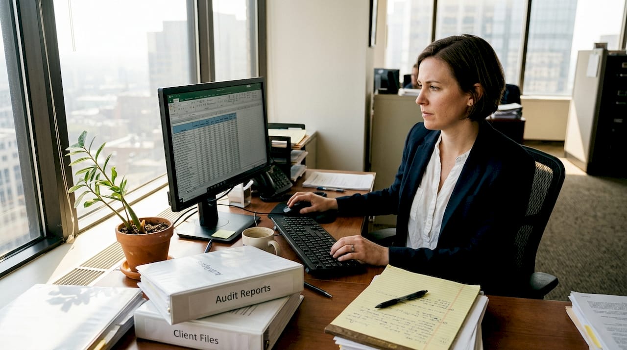 Forensic auditor reviewing office spreadsheet