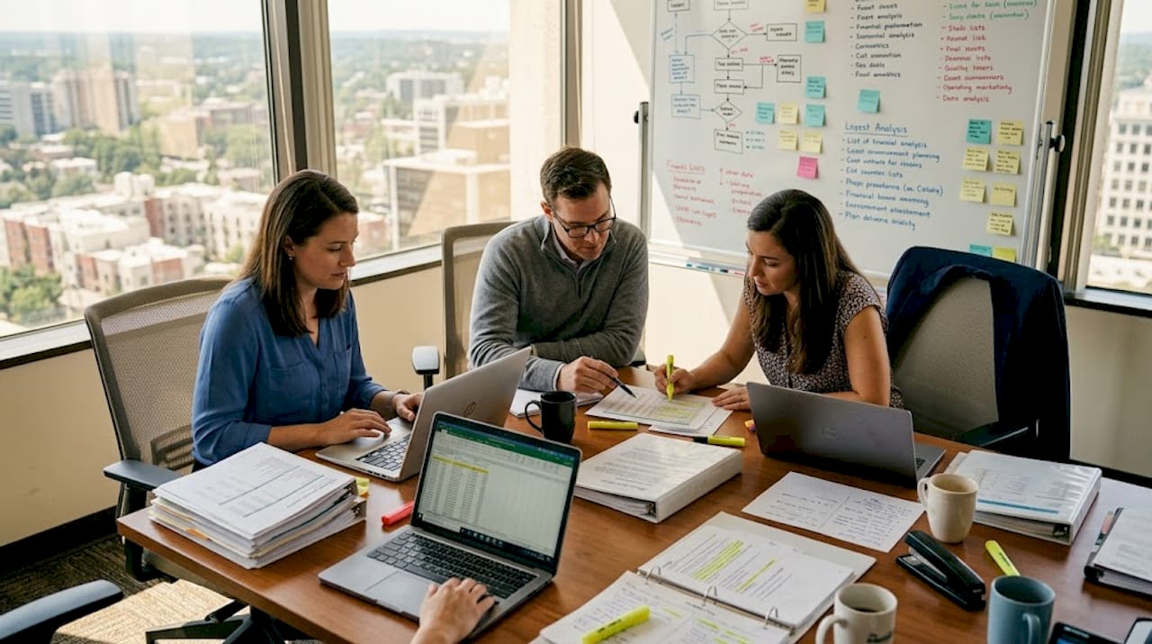Audit team collaborating in office workspace