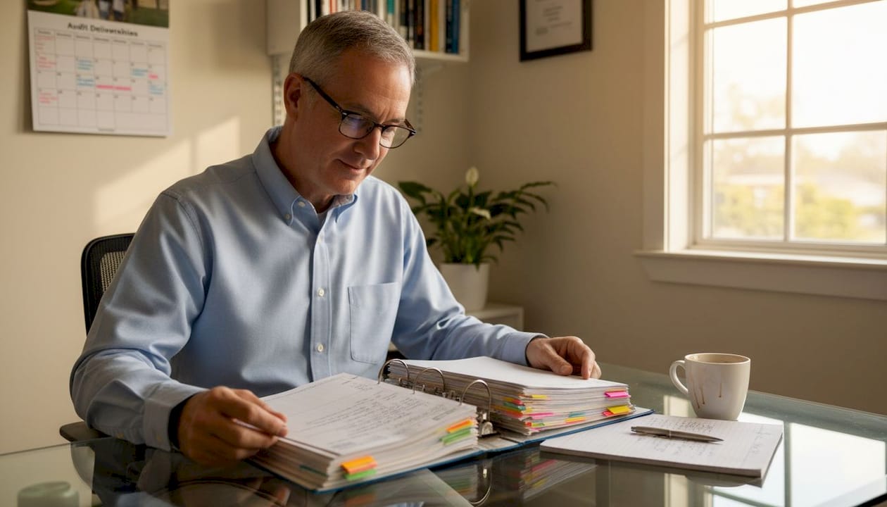 Senior auditor reading planning binder at desk