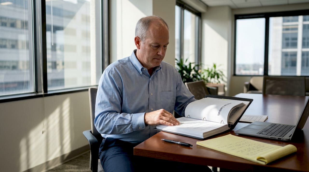 Auditor reviewing binder of internal controls