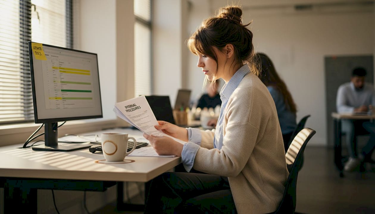 Employee reading internal control training documentation
