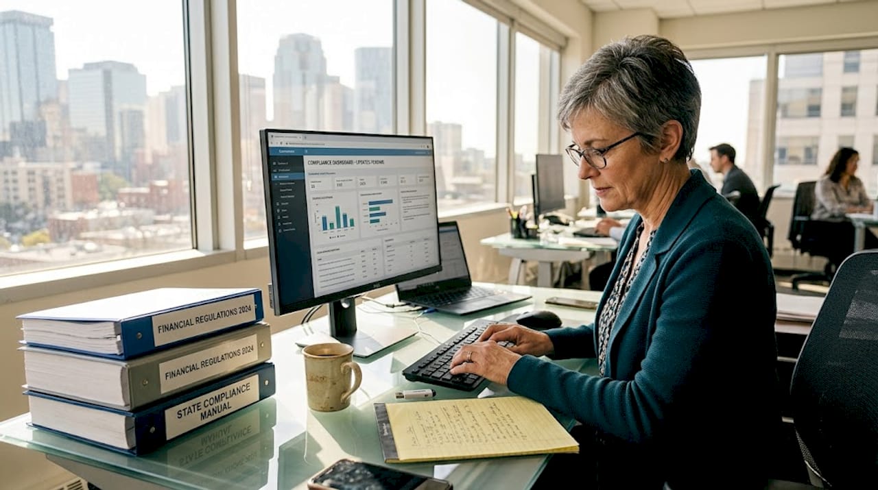 Compliance officer updating dashboard at desk