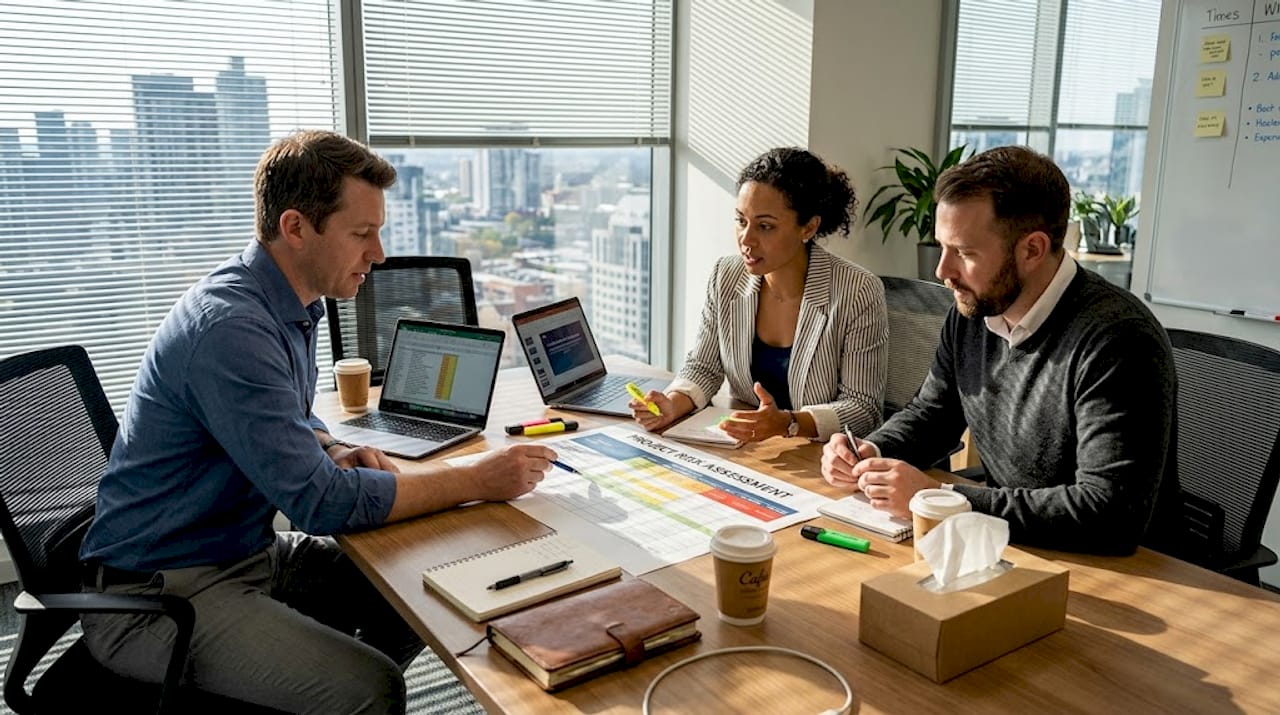 Team reviewing risk assessment documents together