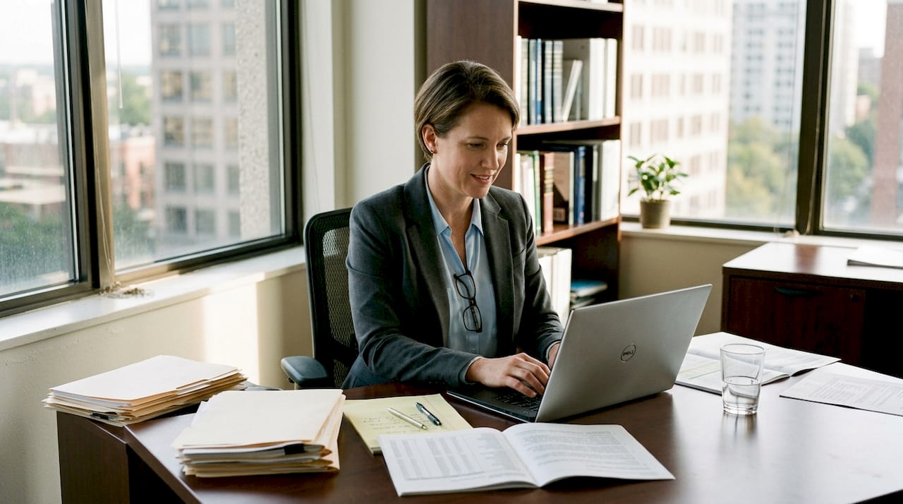 Auditor typing notes in corner office