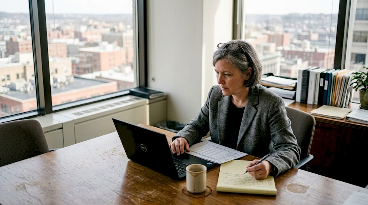 Senior auditor reviews documents at city office table