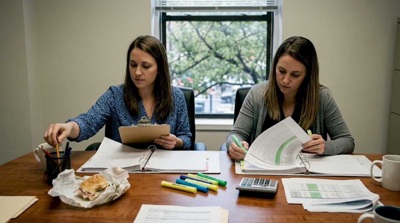 Auditors reviewing internal controls checklist together